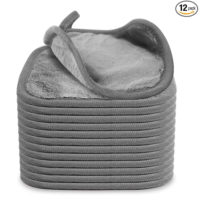 Puomue Makeup Remover Cloth 12 Pack, Ultra Soft and Reusable Microfiber Makeup Remover Towels for All Skin Types, Perfect Face Towels for Women, 6 Inch X 6 Inch, Grey