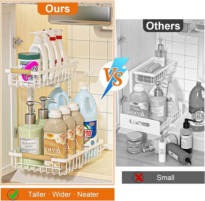 REALINN Under Sink Organizer, Height Adjustable Under Sink Organizers and Storage, 2 Tier Pull Out Drawer Cabinet Storage for Kitchen Bathroom, 1 Pack, White