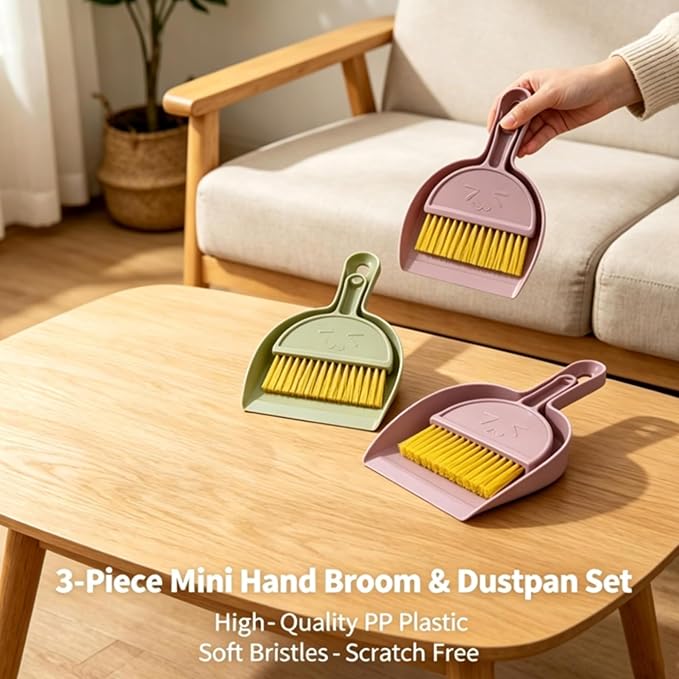 3PCS Hand Broom and Dustpan Set Mini Household Cleaning Tool Small Broom and Dustpan Set Soft Bristle Dust Pan and Brush Set for Home, Car, Table and Kids Cleaning