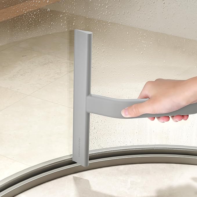 dancemoon JustHang Shower Squeegee with Built-in Hook, 10-Inch Gray | Award-Winning Design, All-One-Piece Soft-Touch Silicone, for Glass Door, Bathroom, Window, Mirror, Tile Wall, Car