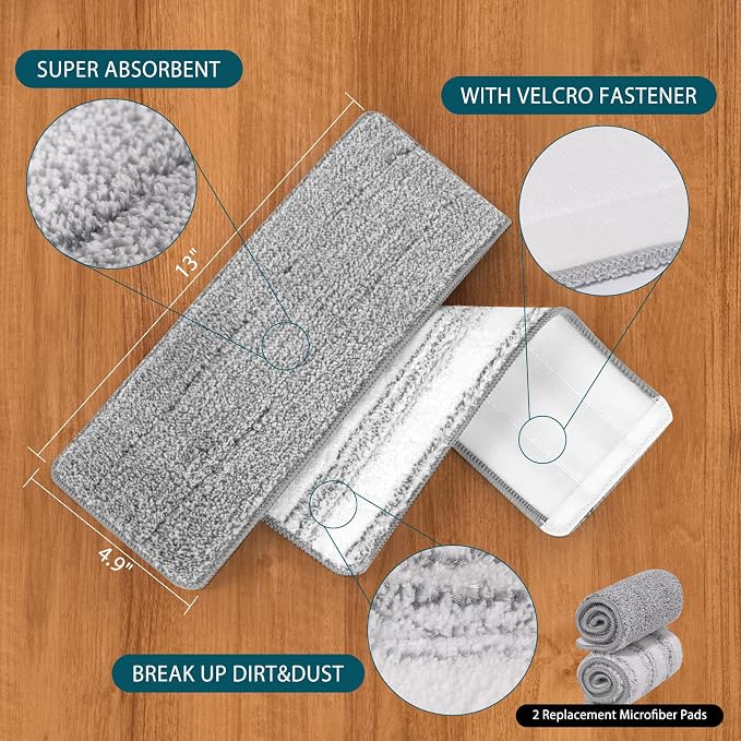 2 Pack Mop Replacement Pads Compatible with Joymoop Flat Mop | Reusable Microfiber Flat Mop Pads for Joy Mop, Washable Mop Head Replacement Fit for All 13" X 4.9" Squeeze Flat Floor Mop