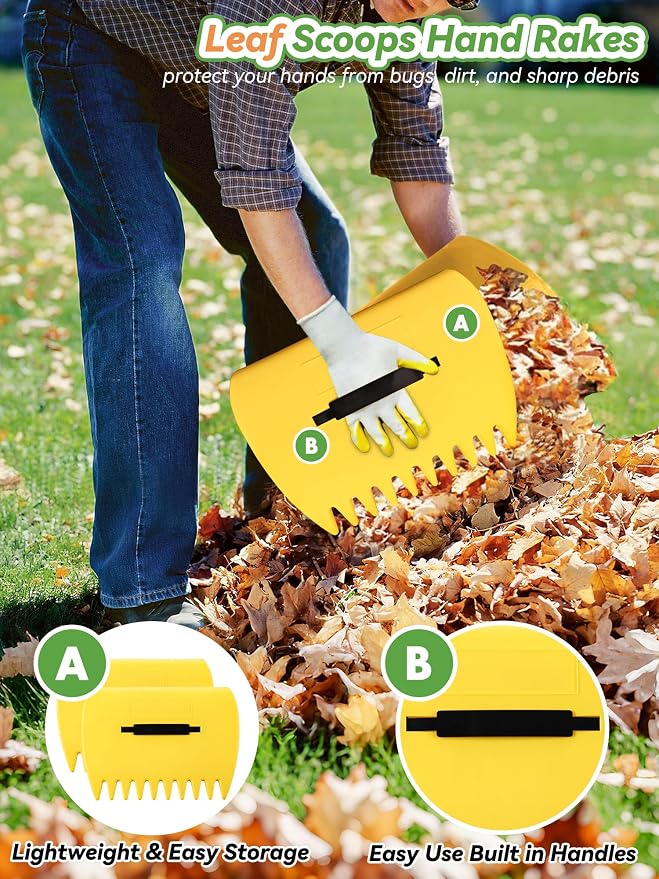 Garden Rake for Leaves Lawns, 3-in-1 Gardening Tools Set with 5 ft Metal Rake, Leaf Scoops Hand Claws, 32 Gallon Reusable Yard Waste Bag, Heavy Duty 25-Tine Rakes for Quick Pick Up, Clear n Collect