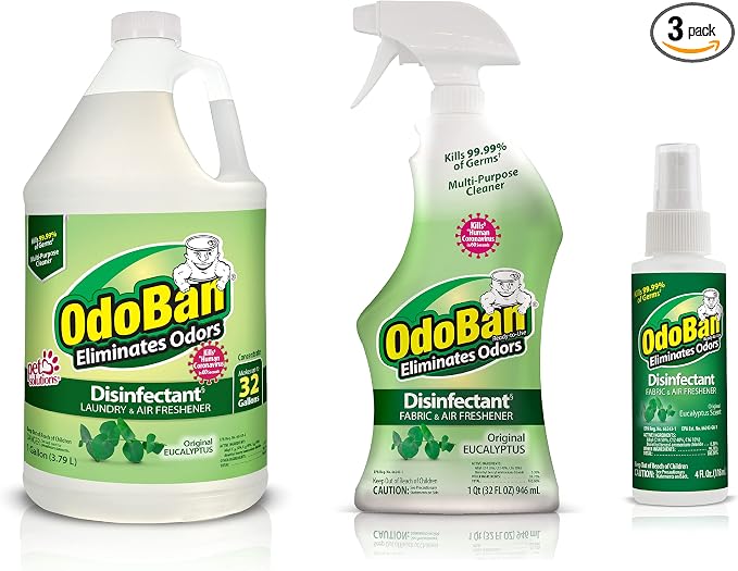 OdoBan Ready-to-Use Disinfectant and Odor Eliminator, Set of 3, 4 Ounce Travel Spray, 32 Ounce Spray, 1 Gallon Concentrate, Original Eucalyptus Scent