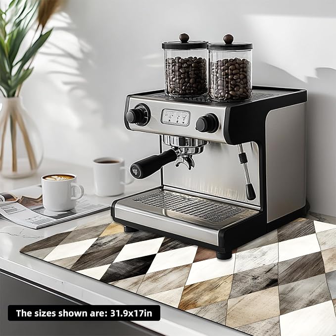 Dish Drying Mat Large Coffee Mat Absorbent Drying Mat for Kitchen Counter Coffee Bar Accessories 32"x 17", Geometric Rhombus