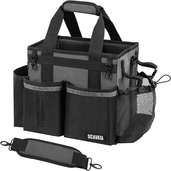 SCAVATA Compact Wearable Cleaning Caddy with Handle & Shoulder Straps | Small Cleaning Supplies Organizer, Under Sink & Car Cleaning Tools Storage Bag for Housekeepers Cleaners, DarkGrey