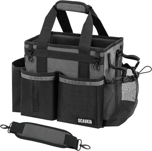 SCAVATA Compact Wearable Cleaning Caddy with Handle & Shoulder Straps | Small Cleaning Supplies Organizer, Under Sink & Car Cleaning Tools Storage Bag for Housekeepers Cleaners, DarkGrey