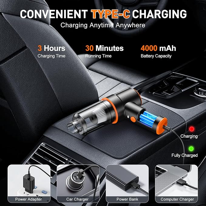 KMM Handheld Car Vacuum Cleaner, 11000PA Hand Held Vacuum & Air Duster | Strong Suction, Cordless, 120W High Power, Portable, Multi-Nozzles & LED Light, for Home, Car, Office