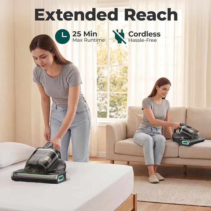 HAUSHOF Cordless Mattress Vacuum Cleaner, 17kPa, 2 Suction Modes | 275nm UVC Light, Dust Index Indicator, 140°F Heat, Beater Brush, H12 HEPA Filter, 16.9oz Dual Cup, For Couch, Bed, Furniture