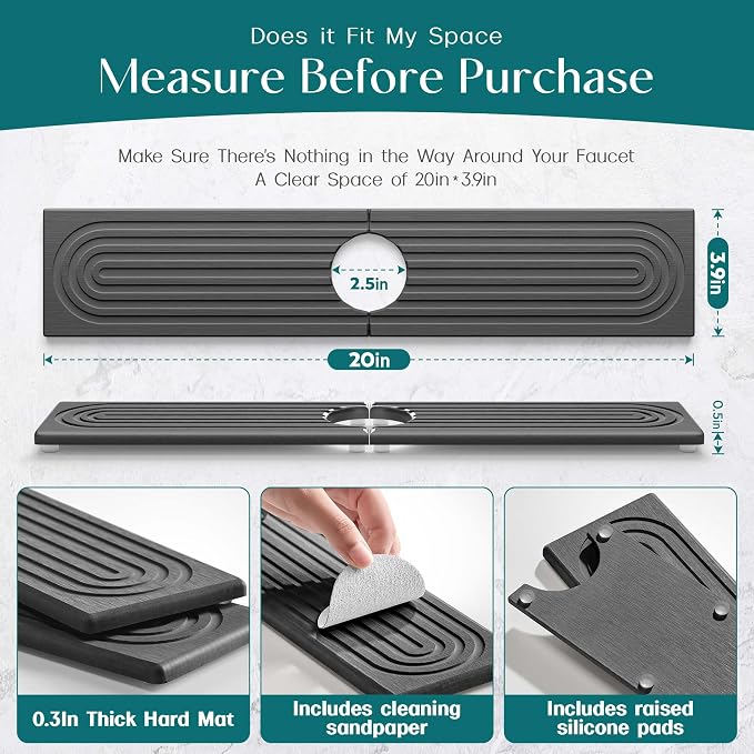 eormoe Diatomite Stone Sink Candy - Instant Dry Stone Sink Tray around Faucet, Prevents Moisture Buildup - Faucet Splash Guard for Bathroom Counter (Dark Grey, 20" x 3.9")