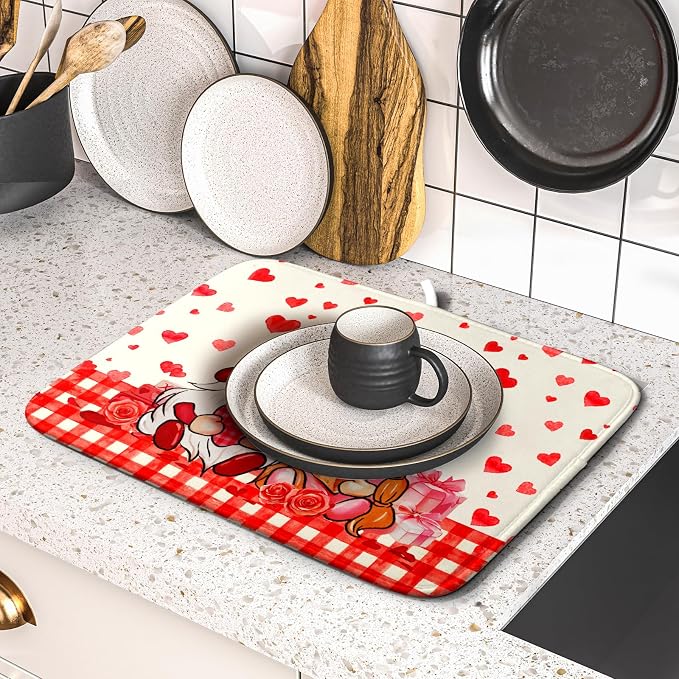 Love Gnome Dish Drying Mat 16"x18" Red Heart Microfiber Dish Drainer Rack Mat Holiday Absorbent Dishes Pad for Kitchen Counter Sink Decor