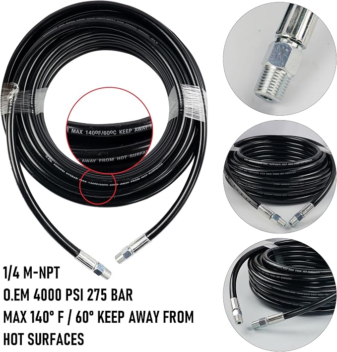 Hourleey Sewer Jetter Kit for Pressure Washer 50FT, Drain Cleaner Hose 1/4 Inch NPT, Orifice 4.0 Button Nose and Rotating Sewer Jetting Nozzle Spanner Tape Pearl Corsage Pin, 4000 PSI