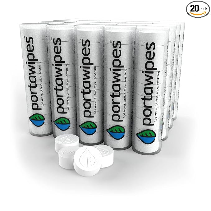 Portawipes Compressed Toilet Paper Tablet Coin Tissues | 200 Pack with 20 Carrying Cases | Toilet Paper Tablets | Compressed Towels | Expandable Wipes | Soft & Odor Free
