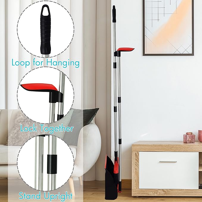 2 Pack Broom and Dustpan Set with 48" Long Handle Black | Stand Up Dustpan with Self-Cleaning Teeth and Long Handle Broom Set for Home, Office, Kitchen and Indoor Outdoor Cleaning