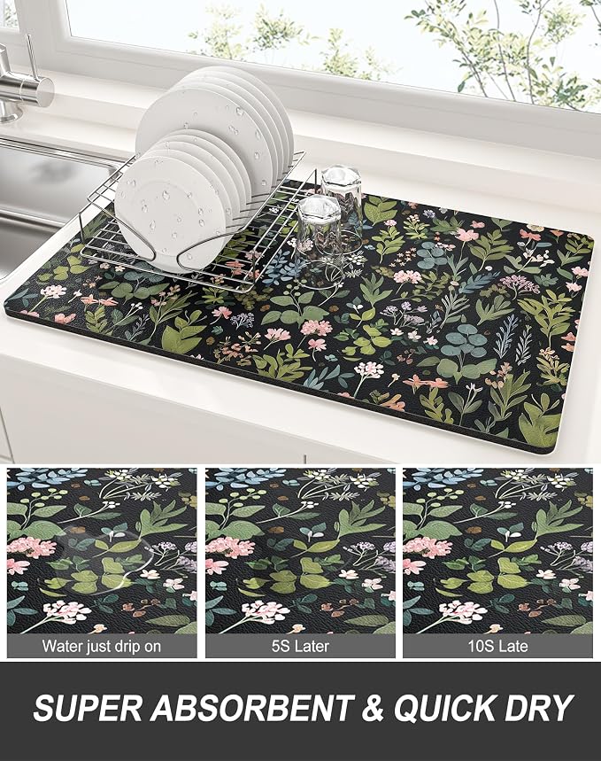 Rnivvi Dish Drying Mat for Kitchen Counter, XL 15 x 24" Cute Flower Theme Super Absorbent Drainer Pad, Non-Slip Heat Resistant Coffee Bar Mat for Coffee Machine Station Accessories,Black Dish Rack Pad