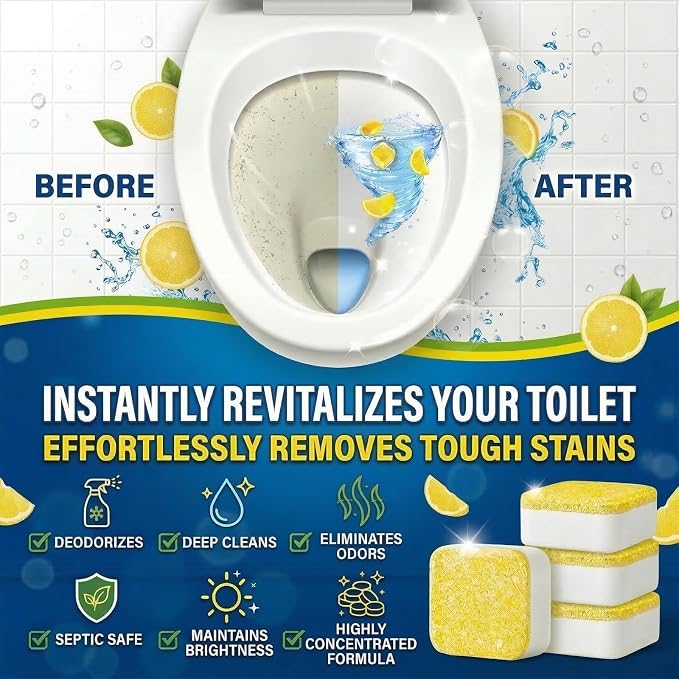 Toilet Bowl Cleaner Tablets – Lots of Foam Deodorizer & Septic Safe, Odor Eliminator, Stain Remover for Long-Lasting Freshness,No Harsh Chemicals,– Fresh Lemon Scent 24 Pack