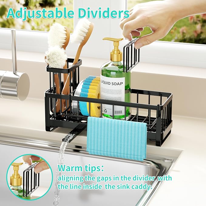 HapiRm Sponge Holder for Kitchen Sink - Self-draining Sink Caddy with Brush and Dishcloth Holders, Stainless Steel Kitchen Countertop Organizers and Storage Essentials - Black