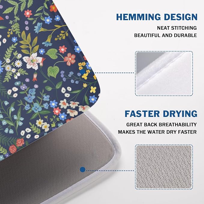 Flower Floral Dish Drying Mat 18x24 inch Microfiber Navy Blue Drying Mats with Hanging Loop Absorbent Green Leaves Dish Drainer Mat Reversible Flowers Drying Pad for Kitchen Counter Sink