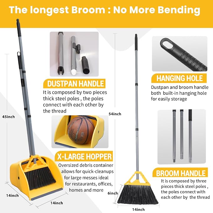 Commercial Broom and Dustpan Set, Jumbo Lobby Debris Dustpan (14inch*14inch), Heavy Duty Broom (14inch Width),for Indoor and Outdoor Cleaning,2 Sets, Yellow