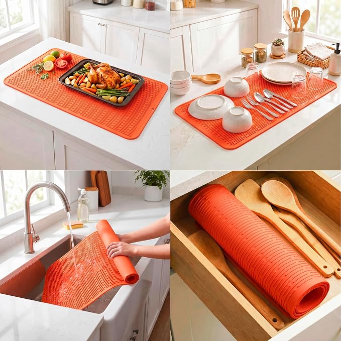 MicoYang Silicone Dish Drying Mat for Multiple Usage,Easy clean,Eco-friendly,Heat-resistant Silicone Mat for Kitchen Counter or Sink,Refrigerator or Drawer Liner Orange 5XL 36inches x 18inches