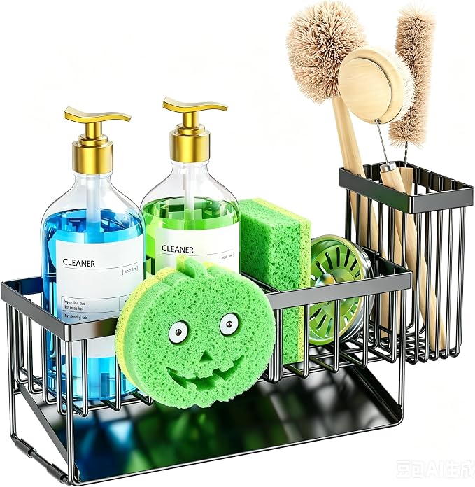 Cisily 9.25'' ponge Holder for Kitchen Sink, Smiley Face Sink Caddy with Removable Brush Holder,Self-Draining Sponge Caddy for Sponge,Soap,Dish Brush,Scrubber,Kitchen Essentials and Gadgets