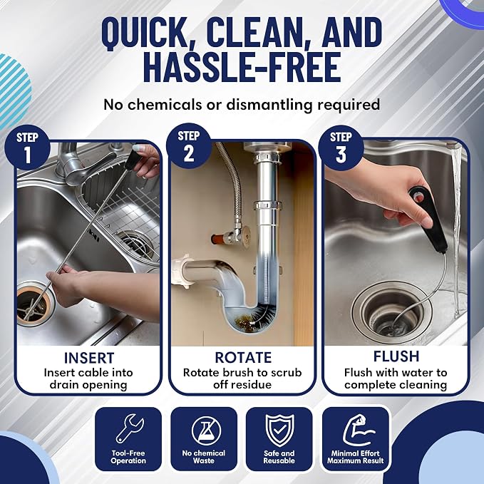 48" Flexible Tube Brush – Long Pipe Snake for Sink - AC Condensate Line Cleaning - Flexible Pipe Cleaner Brush for Hair, Food & Clog Removal - Cleaner Tool – B313C by FryOilSaver Co.