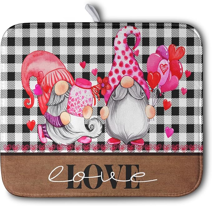Valentine's Day Dish Drying Mats for Kitchen Counter, Gnome Love Kitchen Drying Mat, Buffalo Plaid Dish Drainer Mat Absorbent Quick Dry Dishes Pad 16 x 18 In - Farmhouse Decor Valentines Gift