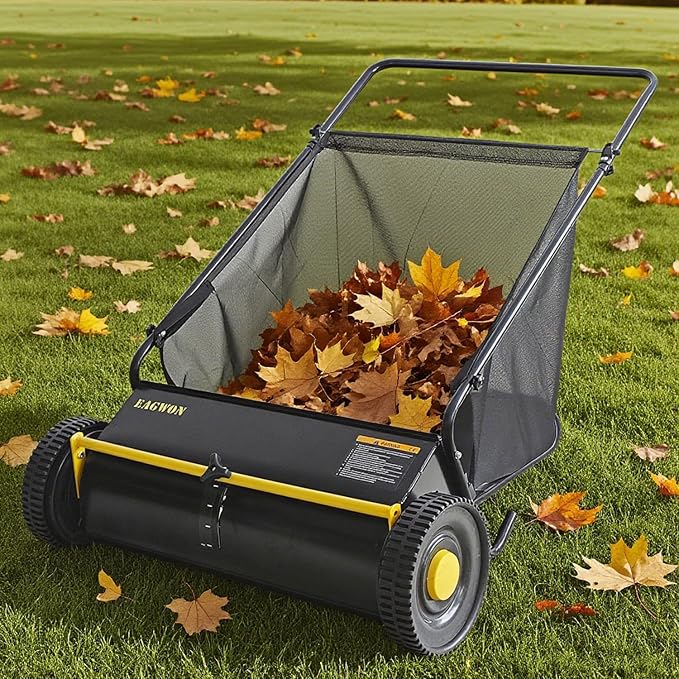 Push Lawn Sweeper, 26-Inch Width, 7 Cu. Ft. Hopper Capacity, 4 Spinning Brushes, Adjustable Height, Durable Steel Frame with Rubber Wheels,Yellow&Black