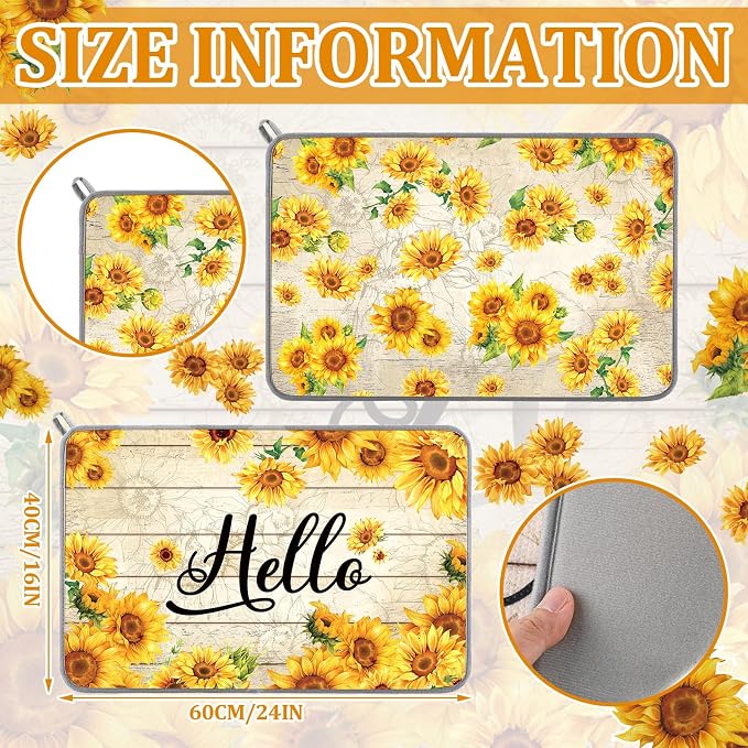 Zonon Dish Drying Mat for Kitchen Counter 16 x 24 Microfiber Absorbent Dish Drainer Rack Pads Fast Dry Mat Vintage Kitchen Decorations(Yellow,16" X 24",Sunflower)