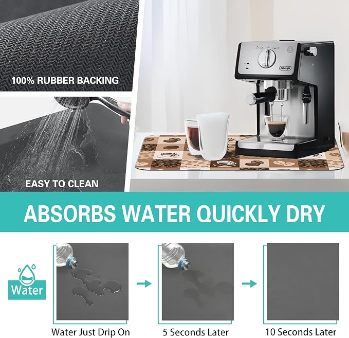 Super Absorbent Anti-Slip Silicone Dish Drying Mats for Kitchen Counter - Draining Pad Decor Gift - Fit Coffee Maker, Espresso Machine - 19inx12in