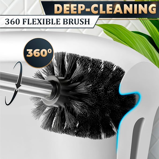 Silver Toilet Brush and Holder Set - Upgrade Your Bathroom in Seconds - Stainless Steel Toilet Bowl Brush and Holder with 2 Rounded Corners, Replaceable Head, Removable Inner Bowl & Splash Guard Cover