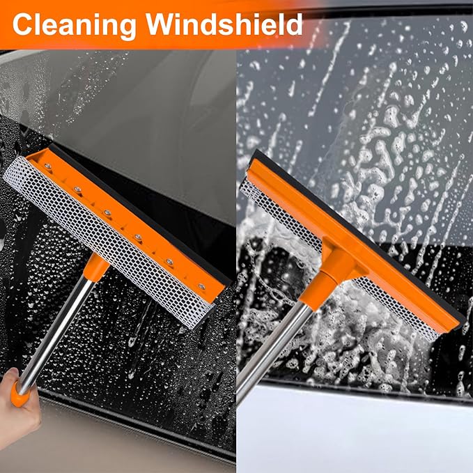 Conliwell 2 in 1 Car Windshield Squeegees with 15.3"-23.6" Retractable Stainless Steel Handle, Auto Glass Wiper Kit, Supplies Suitable for Trucks, SUVs, RVs Window, Orange