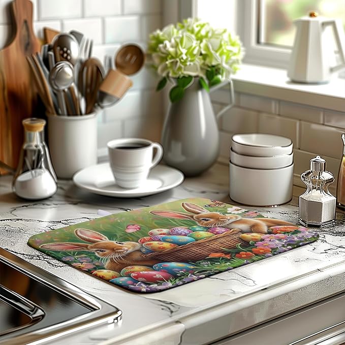 Easter Bunny Eggs Dish Drying Mat for Kitchen Counter 16x18 Inch Spring Easter Rabbit Flowers Drying Mat Microfiber Dish Drainer Rack Mats Absorbent Reversible Dishes Pad Dish Dryer Mat
