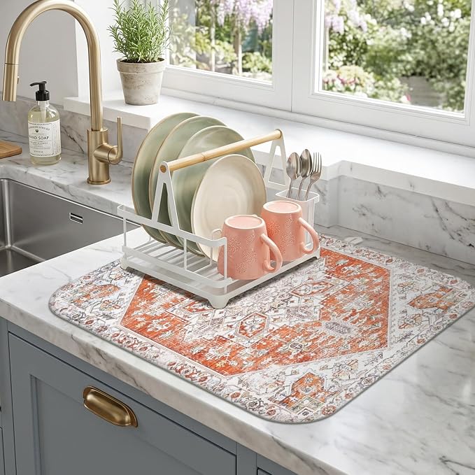 Boho Dish Drying Mat for Kitchen Counter,Vintage Orange Modern Farmhouse Absorbent Microfiber Reusable Washable Non-Slip Dish Drainer Draining Mats Dishes Pad for Kitchen Decor 18x16 Inch