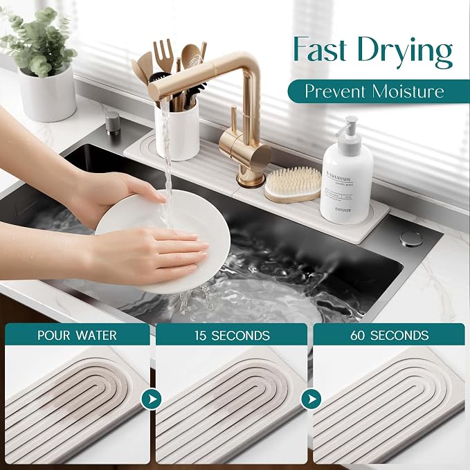 Large Faucet Mat for Kitchen Sink - Stone Drying Mat for Kitchen Counter, Diatomite Fast Drying Stone Sink Tray, Super Absorbent, Stylish Decor and Protector for Bathroom (Light Grey, 23.6" x 5.5")
