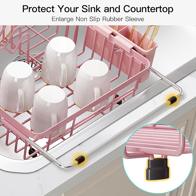 JASIWAY Expandable Stainless Steel Pink Dish Drying Rack Over The Sink for Small Kitchen, Counter Space Saving Compact Plate Drainer Strainer, Adjustable Hanging Metal Dish Dryer with Utensil Holder