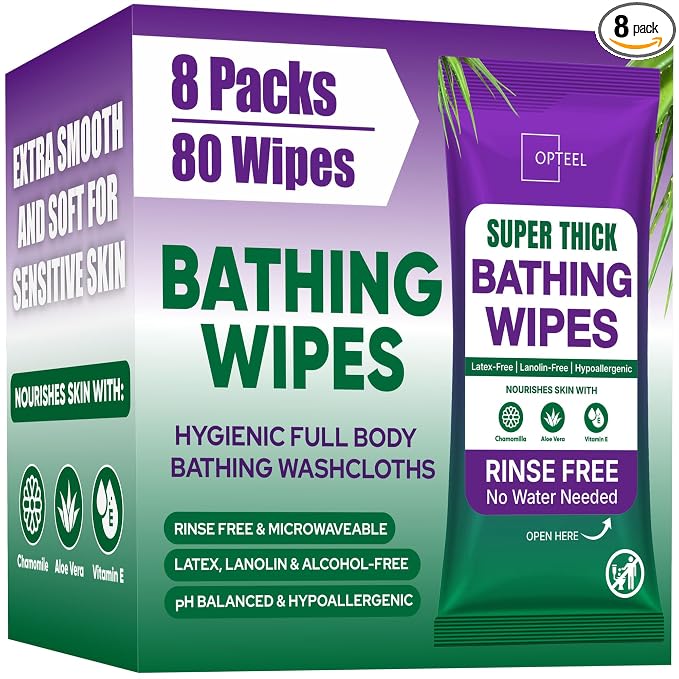 OPTEEL Super Thick Bath Shower Wipes, Softly Scented, Pre Moistened 80ct | Disposable, Extra-Large, Soft Cloths for Adult Bathing No-Rinse, Hypoallergenic, Aloe & Vitamin E, for Men, Women & Elderly