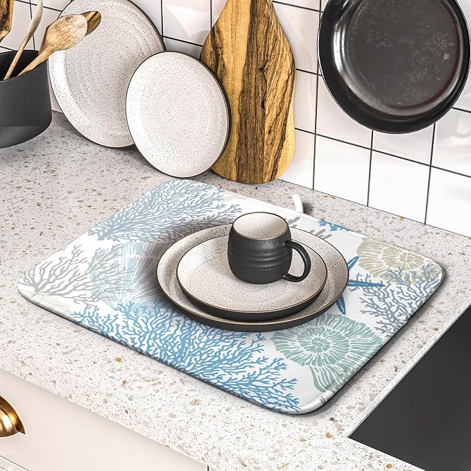 Nautical Dish Drying Mat for Kitchen Counter Coastal Seashell Starfish Summer Microfiber Absorbent Dish Draining Reusable Washable Foldable 16"x18"