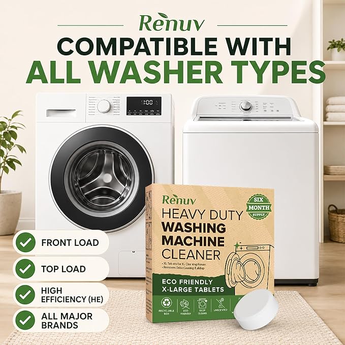 Renuv® Heavy Duty Washing Machine Cleaner & Descaler & Deodorizer Tablets | Deep Cleaning Tablets Remove Residue, Grime Buildup, Front Load or Top Load Washer, HE and Septic Safe, 6 Month Supply