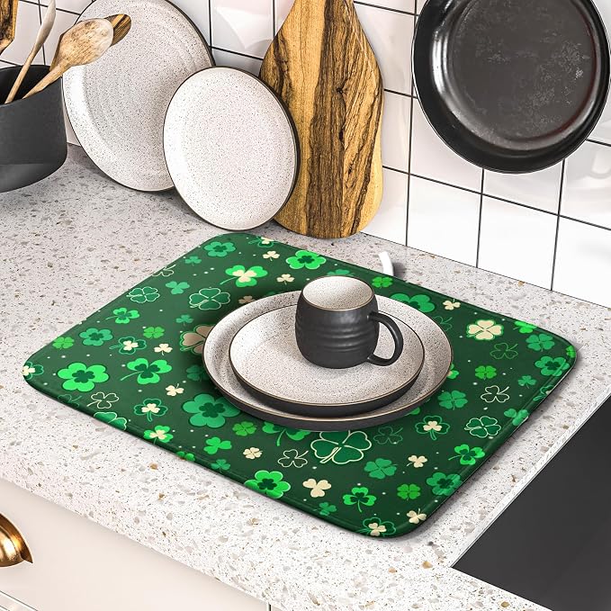Happy St. Patrick's Day Dish Drying Mat for Kitchen Green Lucky Shamrock Clover Dish Drying Mat for Dishes Spring Irish Drying Mats 18x16 Inch Absorbent Reversible Dish Pad for Countertop Coffee Bar