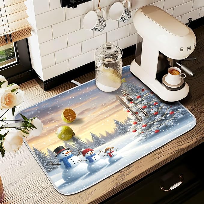Christmas Tree and Snowman Dish Drying Mat for Kitchen Counter Absorbent Microfiber Large Winter Snowflakes Drying Pad Dish Mats for Kitchen Countertops 18 x 24 Inch