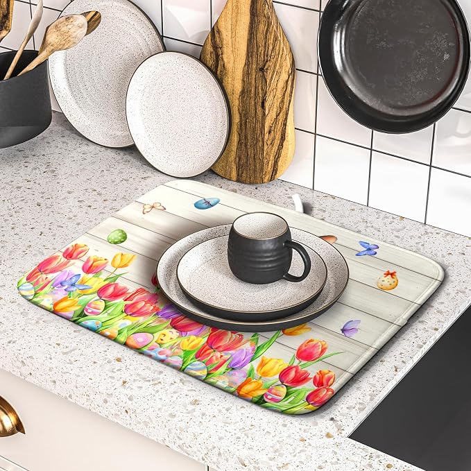 Easter Bunny Dish Drying Mat 16x18 inch Eggs Floral Fast Drying Pad Washable Reversible Microfiber Dish Drainer Mats for Kitchen Counter