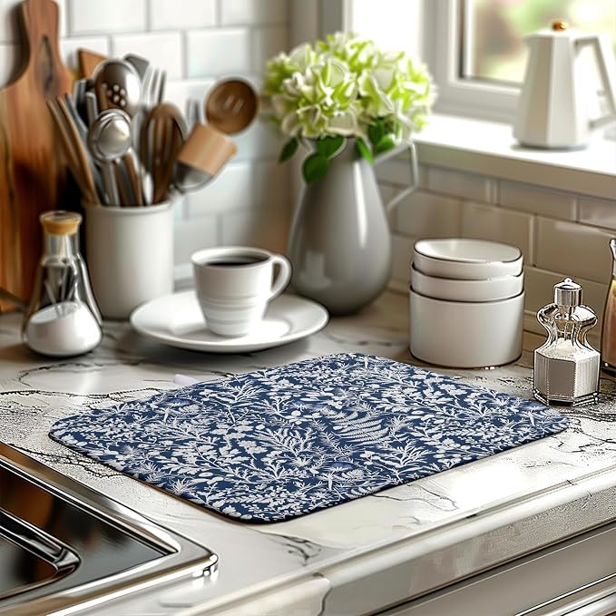 Blue and White Plant Dish Drying Mat Botanical Fern Leaves Floral Drying Mats for Kitchen Counter Microfiber Absorbent Dish Draining Mat Reusable Washable Dish Rack Pad 16x18 Inch
