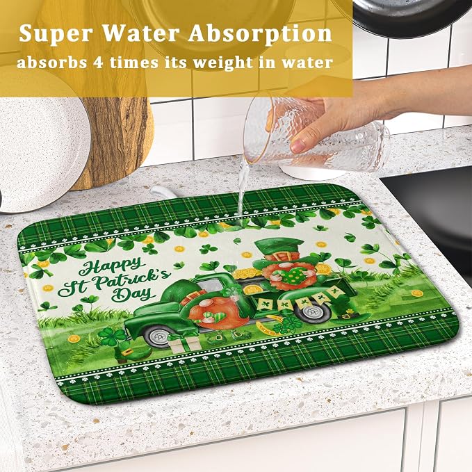 Shamrock Truck Dish Drying Mat Buffalo Check Dish Drainer Mat 16x18 inch Reversible Microfiber Quick Dry Rack Pad for Kitchen Counter Sink
