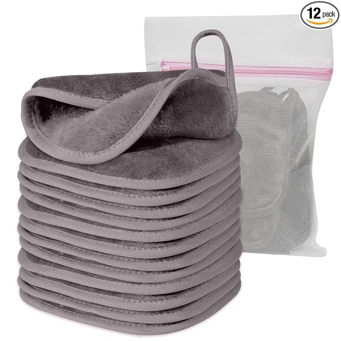 Natwag Makeup Remover Cloth, 6" x 6" Make Up Towels Reusable Face Cloth for Washing Face, Makeup Remover Pads Microfiber Face Washcloth with Mesh Bag, Just Water, 12 Pack, Cool Grey
