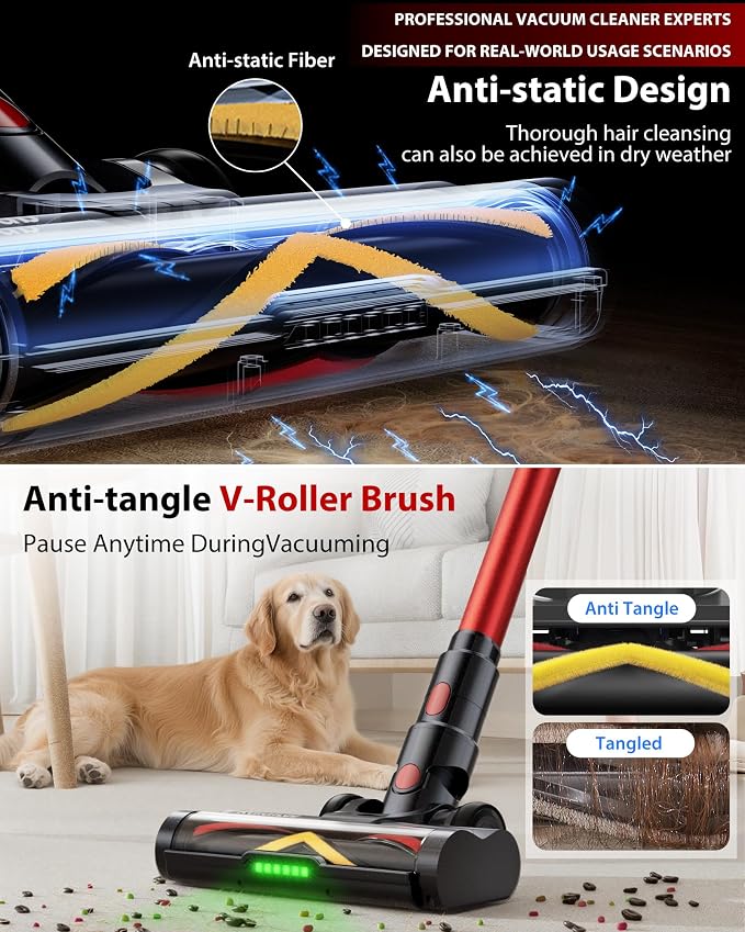 Cordless Vacuum Cleaner, 75Mins/55KPa/650W, Rechargeable | Anti-Static&Anti-Tangle Brush, Extra Replacement Washable HEPA Filter, for Hard Floor, Carpet, Pet Hair, Freestanding