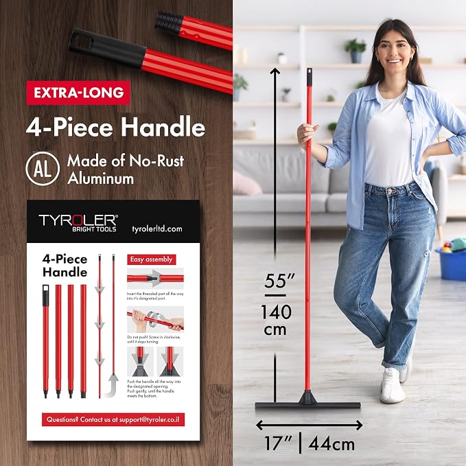 Tyroler Floor Squeegee Heavy Duty 17" | Floor Squeegee for Concrete Floor | Deck Squeegee Outdoor for Floor | 55" 4 Part Handle, Ideal Outdoor Squeegee for Patio, Tiles, Marble, Garage, Shower, Window