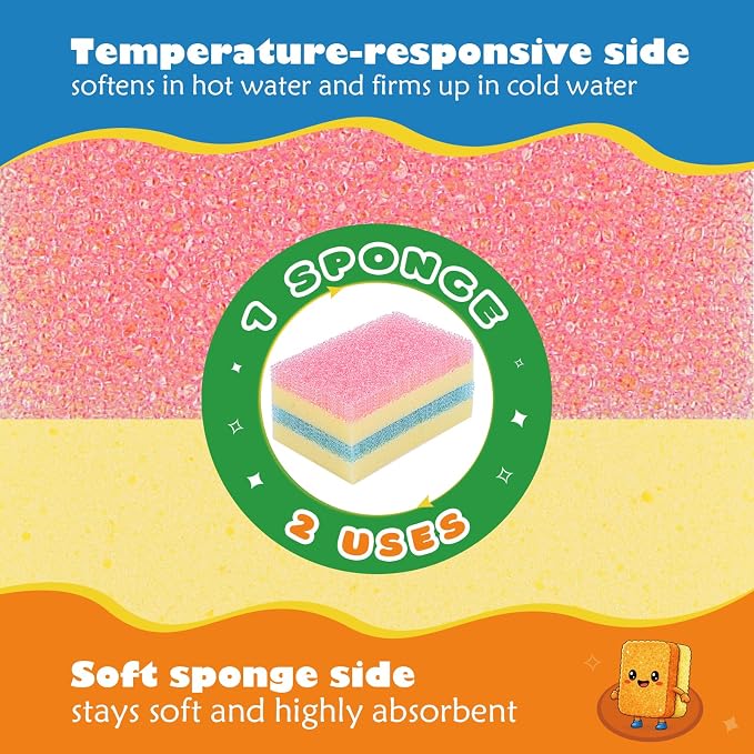 UNIMADE Scrub Sponge, Temperature Responsive Dual-Sided Cleaning Sponges, Non-Scratch Dish Sponge for Kitchen, Soft in Warm Water & Firm in Cold, 12 Pack