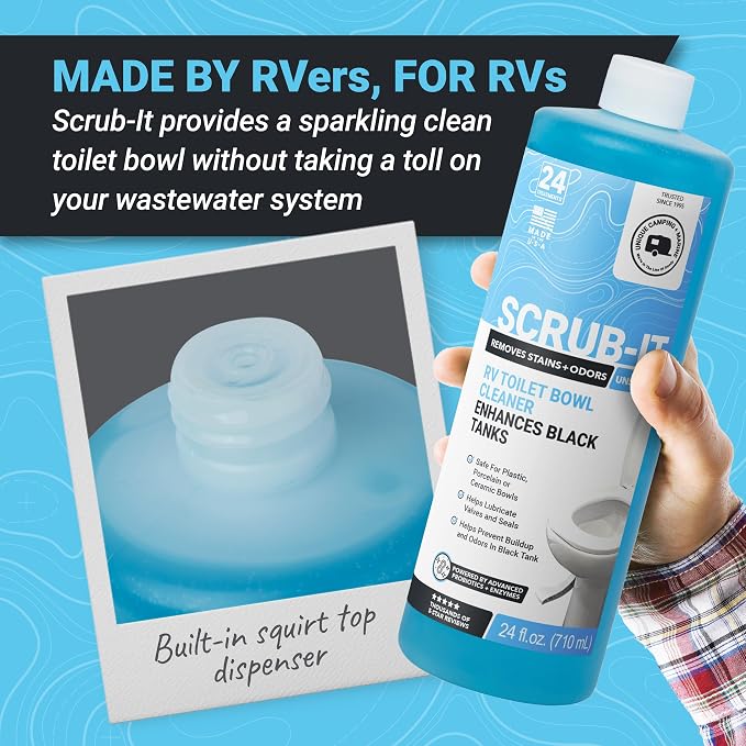 Unique Scrub-It Liquid RV Toilet Bowl Cleaner, 24 oz, 3-Pack | Cleans stains, rings, odors, & debris in RV & marine toilets; non-caustic formula for routine toilet maintenance