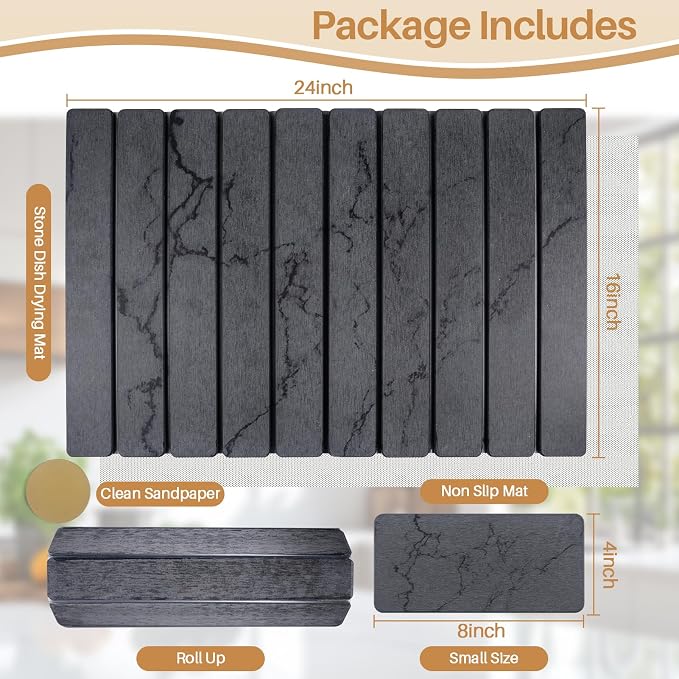 2 PCS Quick Dry Stone Dishes Mats for Kitchen Counter,Collapsible Quick Drying Dish Mats,Ultra Absorbent Diatomaceous Earth Mats for Dishes Bottles Cups, Match Any Countertop（Gray 24"×16"& 8"x4"）