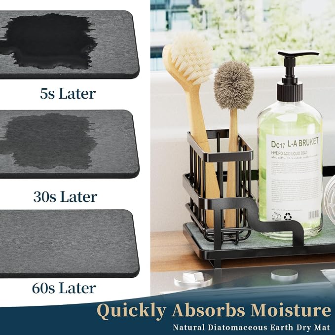 Consumest Sponge Holder for Kitchen Sink - Sink Caddy Organizer with Water Absorbing Stone Tray, Detachable Brush Holder, Stainless Steel Kitchen Counter Organizer Rack, Black